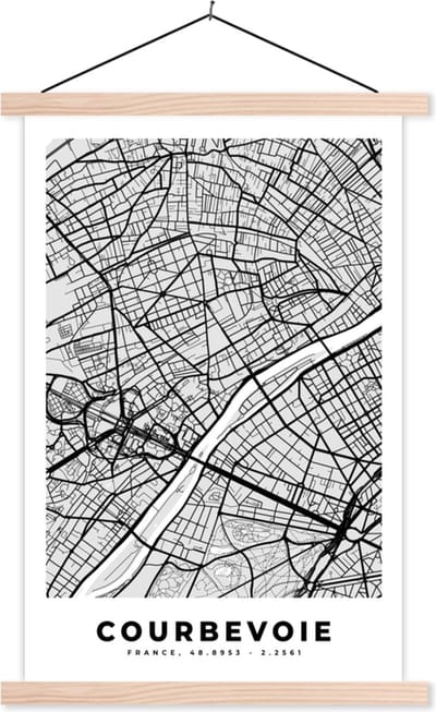 Posterhanger incl. Poster 40x60 cm - Schoolplaat - Plattegrond - Kaart - Stadskaart - Frankrijk - Courbevoie - Textielposter - Blanke latten - Stadskaart