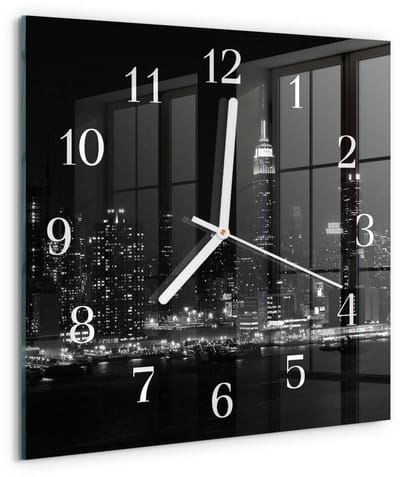 Tulup Wandklok - Horizon Glazen Klok Met Print - 30x30 cm - Zwart Moderne Glazen Wandklok - Witte Handen - Vierkante Wandklok - Wandklok Glas Met Motief - Decoratieve Glazen Klok