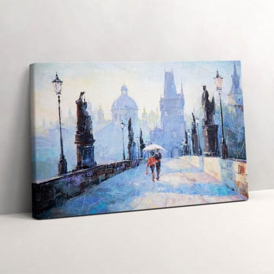 Wallfluent Foto Op Canvas Olieverfschilderij - een verliefd stel onder een paraplu - 30 x 20 cm - Blauw Schilderijen Op Canvas Doek - Abstract Canvas Doek Foto - Imitatie van een olieverfschilderij Print Van Doek - Abstract Canvas Schilderij
