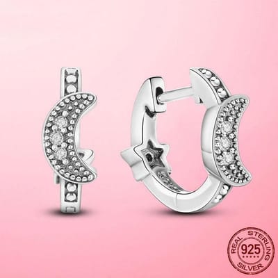 Boucles d'oreilles à tige en argent sterling 925 avec perles lune et étoiles pour femme, zircone cubique transparent, bijoux fins, cadeau white