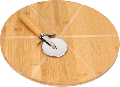 Kesper pizza serveerplank met pizzasnijder - bamboe/hout - 32 cm - rond - snijplank/keukenhulpje