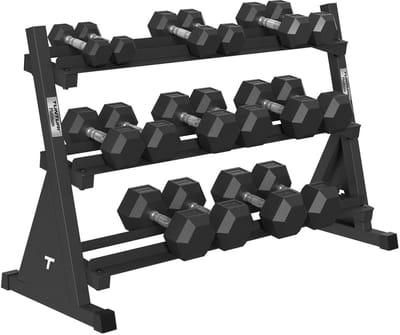 Tunturi Platinum Hexa Rubber Dumbbell Sets incl Dumbbell rek - (8 sets - 2.5 t/m 20kg) - Zwart
