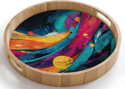 Dienblad rond 40x40 cm - Schootdienblad hout - Banen - Golven - Kleurrijk - Abstract - Borrelplank rechthoek - Plateau houten dienbladen