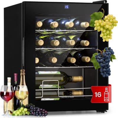 Klarstein wijnkoeler, kleine drankkoeler met 1 zone, kleine wijnkast 42 liter, kleine wijnkoeler met glazen deur, flessenkoeler voor binnen en buiten, wijnkoelkast 5-18 °C, 16 flessen - 45 cm - Touch - Display - Wijnklimaatkast