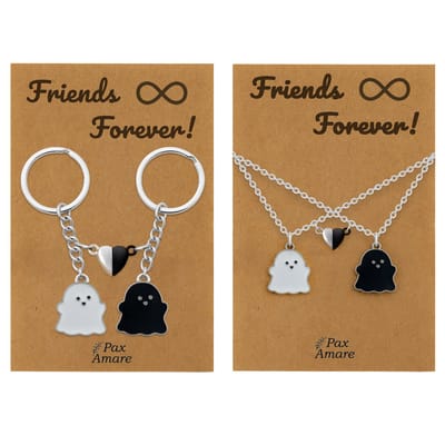 BFF Ketting + Sleutelhanger voor 2 ' Friends Forever' - Spookjes + Magnetisch Hartje - Bundel op Cadeau Kaartje - Zilverkleurig - Vriendschap Symbool - Pax Amare