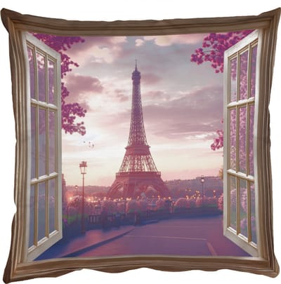 Sierkussens - Kussentjes Woonkamer - 50x50 cm - Doorkijk - Parijs - Eiffeltoren - Roze - Kersenbloesem