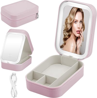 Travel Makeup Bag met LED Verlichte Spiegel - 3 Kleuren LED Licht - Cosmetica Organizer voor Vrouwen - Perfect voor Uitjes en Reizen - Roze, Draagbaar, Makeup, Accessoires