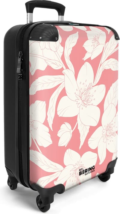 NoBoringSuitcases.com® - Handbagage koffer lichtgewicht - Roze reiskoffer trolley met witte bloemenpatroon - Rolkoffer met wieltjes vrouwen - Vakantie valies carryon koffertje - Past binnen 55x40x20 en 55x35x25