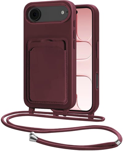 Hoes Geschikt voor iPhone Air Hoesje Pasjeshouder Cover Met Koord Case Siliconen Hoes Met Telefoonkoord en Kaarthouder - Aubergine