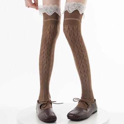 Bas pour femmes Lolita Filles Bas Hauts Cuisses Style Japonais Rayures Cœur Dentelle Creuse Au-dessus du Genou Bas Long Volants Volantés Chaussettes 39 brown