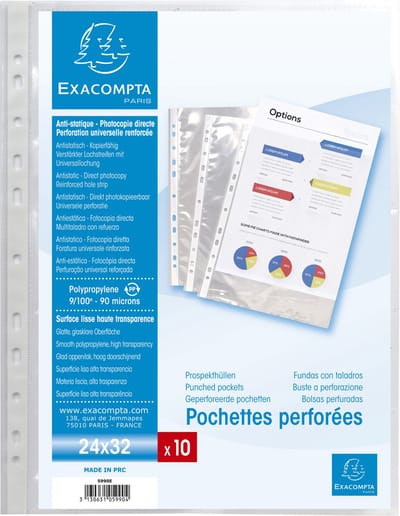 Exacompta 10x Pak van 10 geperforeerde showtassen voor visitekaartjes 10 vakjes gladde PP 11/100ste - A4 - Transparant - 55046E