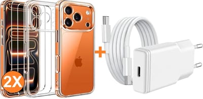 USB C Adapter - USB C Oplader 20W Met USB C Kabel 1M - Hoesje Geschikt voor iPhone 17 Pro Max transparant Anti Shock silicone met 2x screenprotector- Ntech COMBI-SET