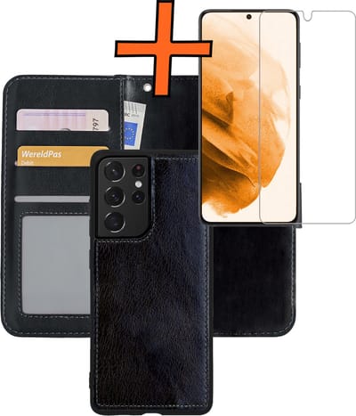 Hoes - 2 in 1 - Geschikt voor Samsung Galaxy S21 Ultra - Met Screenprotector - En Uitneembare Hard Cover - Bookcase - Wallet Case - Met Pasjeshouder - Book Case - Uitneembaar - Pashouder - Kunstleer - Zwart