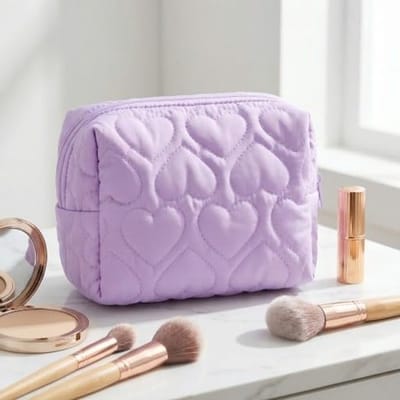 Handige make-uptas voor meisjes met hartdesign, klein en praktisch, paars, 17 x 8 x 10 cm, ideaal voor onderweg en op reis