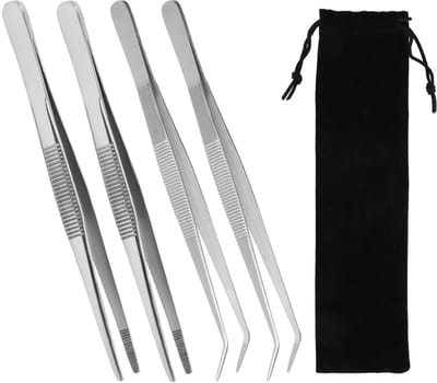 Dailygoods - 4 stuks 20 cm gebogen pincet, stompe pincet, roestvrij staal, professioneel pincet, lang, recht pincet, schuine pincetten voor waterhuisdieren, koraal, knutselen, koken, reparatie