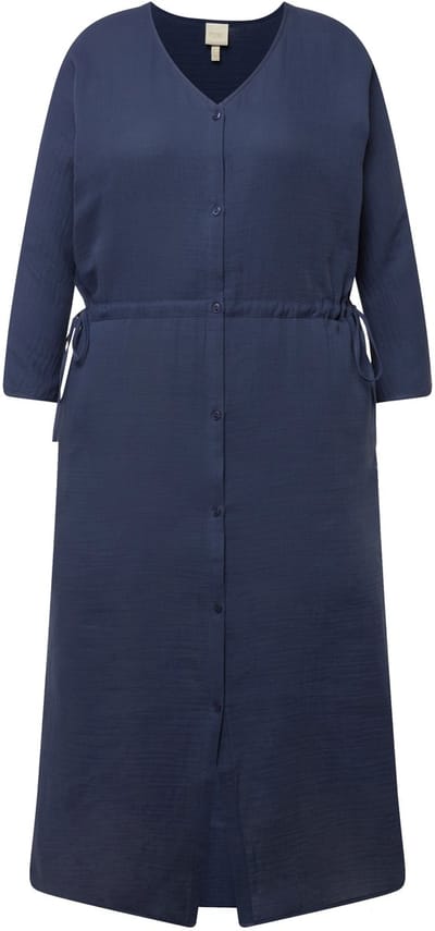 Ulla Popken - Dames - Bubble midi-jurk V-hals 3/4-mouwen biologisch katoen - Inktblauw - Maat 42+