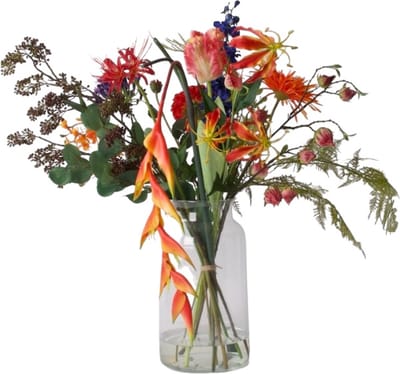 WinQ- Boeket Kunstbloemen in rood/blauw/oranje combinatie - ex. vaas - Boeket zijden bloemen - Vrolijke Voorjaarskleuren - Nepbloemen - Zijden bloemen