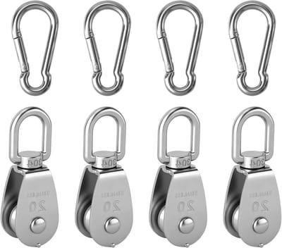Rope Pulley Set van 8 Stukken met RVS Rollen en Carabiners voor Kabelsystemen, Ideaal voor Zeil, Fitness en Tuinwerk, Belastbaarheid tot 75 kg, Roestvrij en Veilig in Gebruik