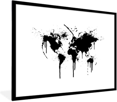 Poster in lijst - Fotolijst 80x60 cm - Posters - Wereldkaart - Inkt - Zwart - Posterlijst zwart - Decoratie - Wanddecoratie woonkamer - Muurdecoratie slaapkamer