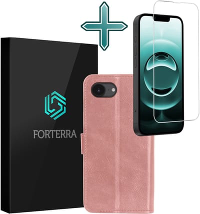 Hoesje Met Screenprotector - Geschikt voor Apple iPhone 16e - Luxe Pasjeshouder - Flipcase - Bookcase Portemonee - Flip Case - Kunstleer Book Case - Book Cover - Walletcase - Portemonneehoes - Rosé goud
