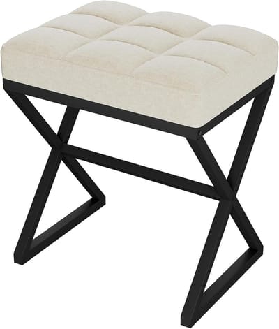 Allecto Plus - Vanity kruk linnen voetensteun X-vormige metalen poten make-up dressing kruk - beige - 40 × 30 × 46 cm - voor woonkamer en slaapkamer