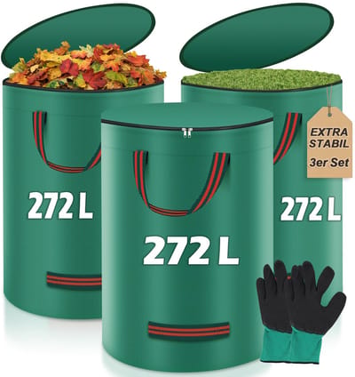 Unyqoos® 3 x 272 Liter tuinafvalzak, stabiel, met deksel en incl. handschoenen, grote tuinzak, scheurvast en waterdicht, herbruikbaar en opvouwbaar, voor het snijden van gras, bladeren en groen snoeien