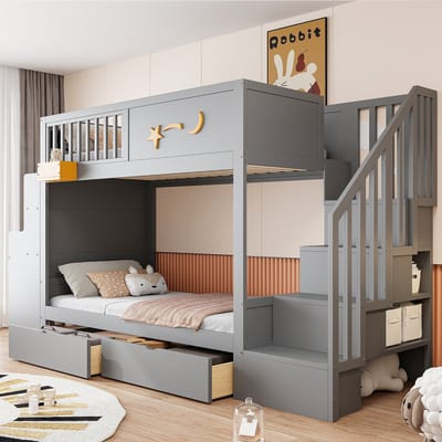 DESMIU Kinder Hoogslaper 90x200cm - Bed Met Opberglades, Trap En Bureau - Met Sterrenmotief - Massief Grenenhout - Grijs - Zonder Matras