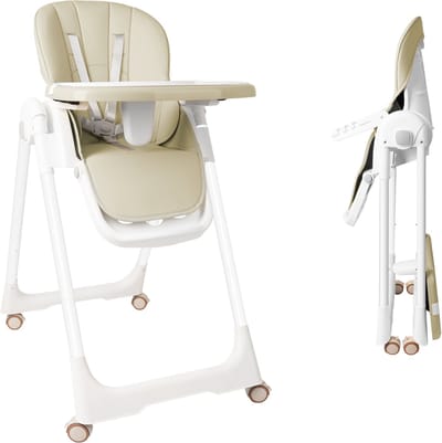NAIZY Kinderstoel Babystoel Mobiel Opvouwbaar Verstelbare Eetkamerstoel met 5-punts veiligheidsgordel, Dubbel Blad en 4 Wielen, Beige