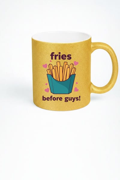 Gouden Glitter Mok 'Fries Before Guys!' - Grappige Beker met Frieten Design