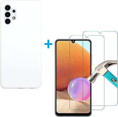 Solid hoesje Geschikt voor: Samsung Galaxy A32 5G Soft Touch Liquid Silicone Flexible TPU Rubber - Wit  + 1X Screenprotector Tempered Glass