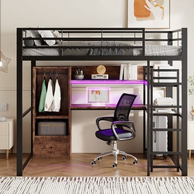 VVBV Hoogslaper met 1 Lades 140x200 cm - LED-Verlichting, Bureau, Planken, Trap/Ladder - Metaal Zwart - Zonder Matras