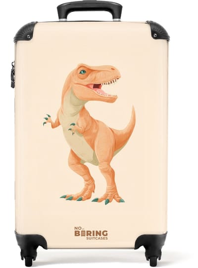NoBoringSuitcases.com® - Kinderkoffer jongen - Kindertrolley jongens - T-rex dino in oranje kleuren - Handbagage koffer lichtgewicht - Reiskoffer trolley kinderen - Rolkoffer met wieltjes - Past binnen 55x40x20 en 55x35x25
