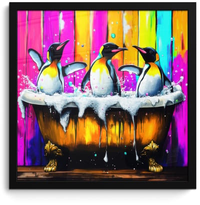 Poster in lijst - Fotolijst 40x40 cm - Posters - Pinguïns - Badkuip - Kleurrijk - Schuim - Posterlijst zwart - Decoratie - Wanddecoratie woonkamer - Muurdecoratie slaapkamer