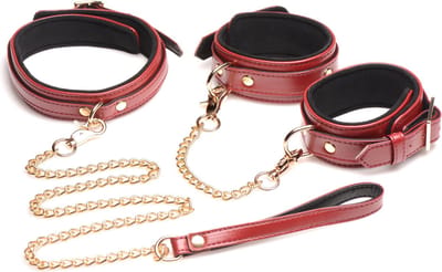 6-delige bordeaux bondage set met cuffs, halsband en riem