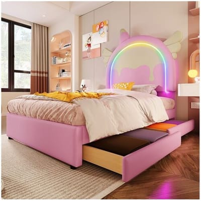 Merax Gestoffeerd bed 90 x 200 cm met eenhoornhoofdbord en 2 lades - LED-verlichting - Kunstleer - Roze (matras niet inbegrepen)