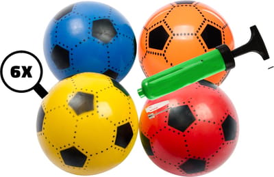 Voetbal bal plastic 6 stuks 23 cm - inclusief Pomp - 90 gram - 4 kleuren - rood blauw geel oranje - levering kleuren is willekeurig