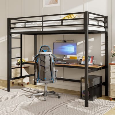 MEUNIQ Hoogslaper 90x200 cm met bureau, ladder, uitvalbeveiliging, LED-verlichting, USB en Type-C, metalen kinderbed in zwart