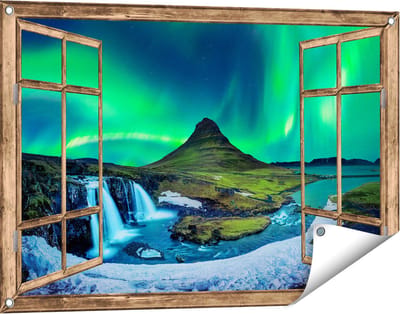 Gards Tuinposter Doorkijk Noorderlicht bij de Watervallen in IJsland - 90x60 cm - Tuindoek - Tuindecoratie - Wanddecoratie buiten - Tuinschilderij