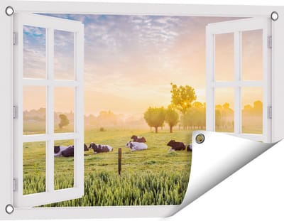 Gards Tuinposter Doorkijk Koeien in de Wei tijdens Zonsopgang - 60x40 cm - Tuindoek - Tuindecoratie - Wanddecoratie buiten - Tuinschilderij