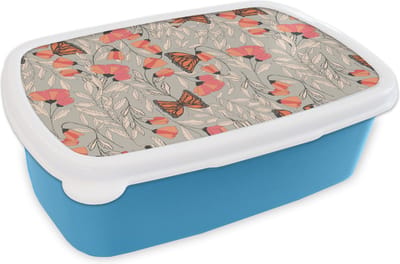 Broodtrommel Blauw - Lunchbox - Brooddoos - Vlinders - Patronen - Bloemen - Dieren - 18x12x6 cm - Kinderen - Jongen