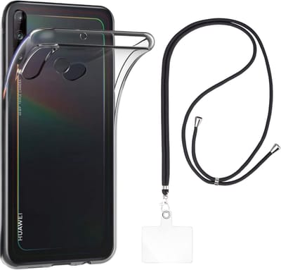 Set met hoesje en nekband voor huawei p40 lite e - Flexibele, transparante TPU-bescherming, verstelbare universele nekband voor mobiele telefoons, zwarte nekband, transparante draagriem van Phonillico®