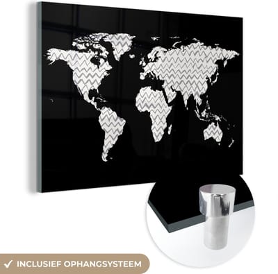 ® Glasschilderij 120x80 cm - Schilderij acrylglas - Wereldkaart - Wit - Grijs - Foto op glas - Muurdecoratie woonkamer - Wanddecoratie slaapkamer - Schilderijen