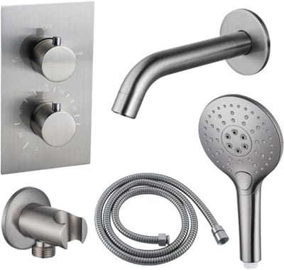 FugaFlow Eccelente Acces Badkraan set - uitloop - 22cm inkortbaar - metalen slang - ronde handdouche - inbouwdeel - wandhouder - geborsteld RVS PVD
