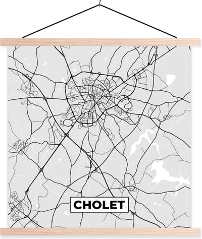 Posterhanger incl. Poster 40x40 cm - Schoolplaat - Plattegrond - Kaart - Stadskaart - Frankrijk - Cholet - Textielposter - Blanke latten - Stadskaart