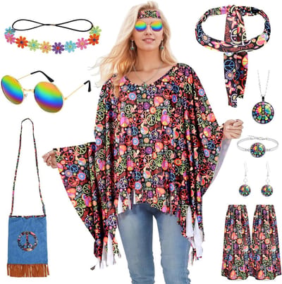 Vrouwelijk 9-delig Fantasiekostuum met Hippie Cape, Haarband, Bloemen, Schoudertas en Zonnebril voor 70s Feest en Carnavalsviering