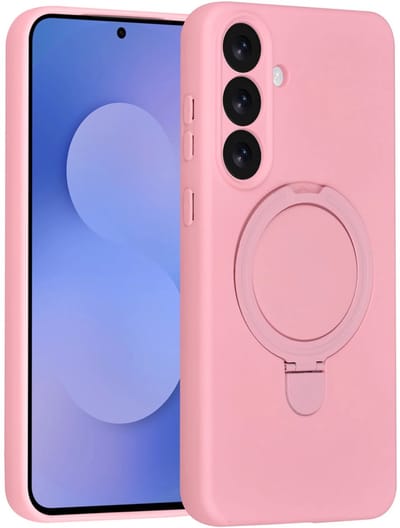 Backcover Hoesje Geschikt voor: Samsung Galaxy S25 FE Volledig Dekkende Schokbestendige Siliconen Backcover met Ringstandaard – 360° Bescherming - Sakura Pink
