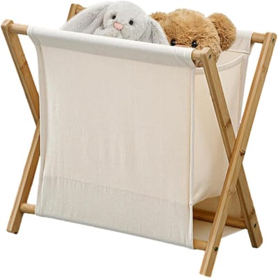 Wasmand Hout - Opvouwbare Waszak - Kleding Opbergen - X-Frame Ontwerp - 40 x 30 x 38 cm - Khaki Wit