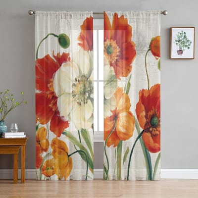 Vintage Bloemen Klaprozen Raamgordijnen Transparant Chiffon Tule Gordijn Huis Woonkamer Achtergrond Decoratie 135W x 137H(cm)