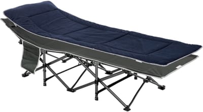 Opvouwbaar campingbed donkerblauw-grijs met matras, kussen en zijvakken, 188x64,5x53cm, max 150kg belastbaar