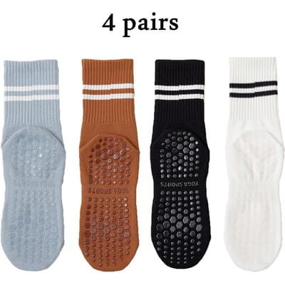 4 Paires de Chaussettes de Yoga Longueur Moyenne Coton Pur Antidérapantes Silicone Intérieur Fitness Pilates Chaussettes de Sport pour Femmes Grossiste Utilisation Pratique